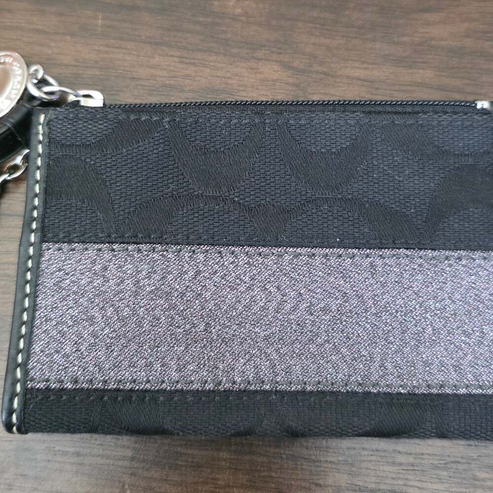 COACH Signature C Metallic Silver Stripe Mini Skinny ID Case Key Chain Wallet